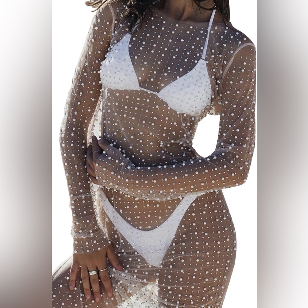 Sheer mesh pearl rhinestones cover up/dress